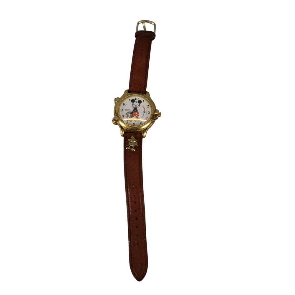 Vintage Lorus Quartz Mickey‎ Mouse Watch Brown Leather Strap Japan Alarm Chime